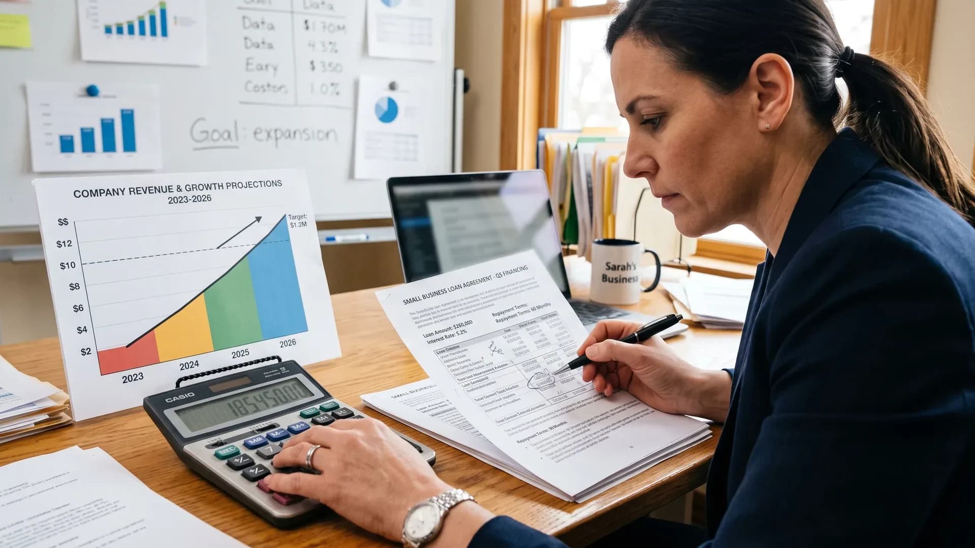 A business owner reviewing financing paperwork with a calculator