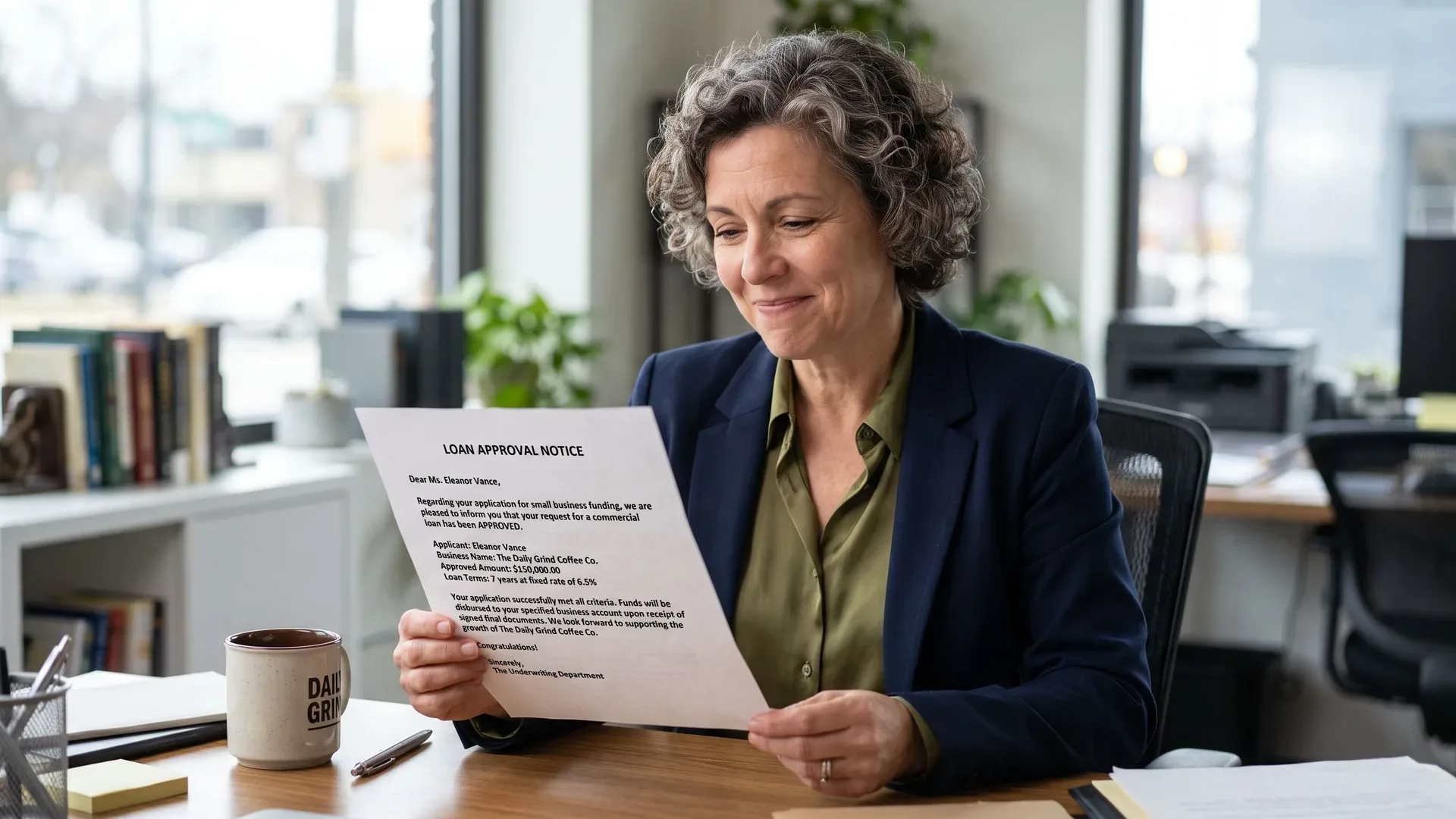 A business owner reading her loan approval notice